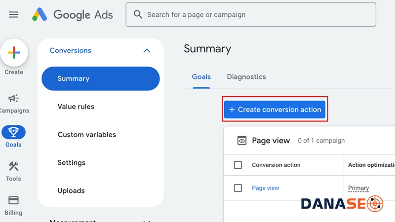 Bước 1: Khởi tạo hành động chuyển đổi trên Google Ads